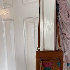 Ladies Fossil Brown Leather patchwork Crossbody Bag